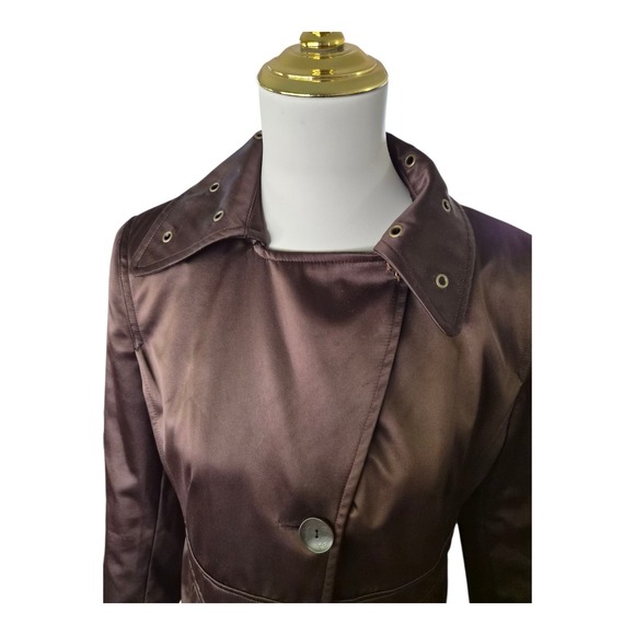 Via Spiga Brown Satin Trench Coat Women's Size 10 Button Front High Collar Long - Picture 3 of 9